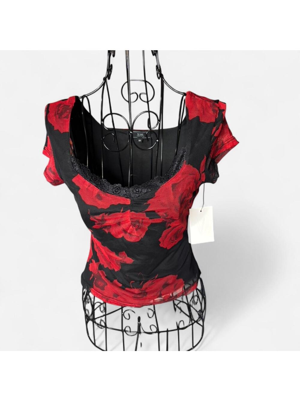 NWT Vibe Sportswear Black Red Rose Mesh Top Lace Trim Sweetheart Ruched XS